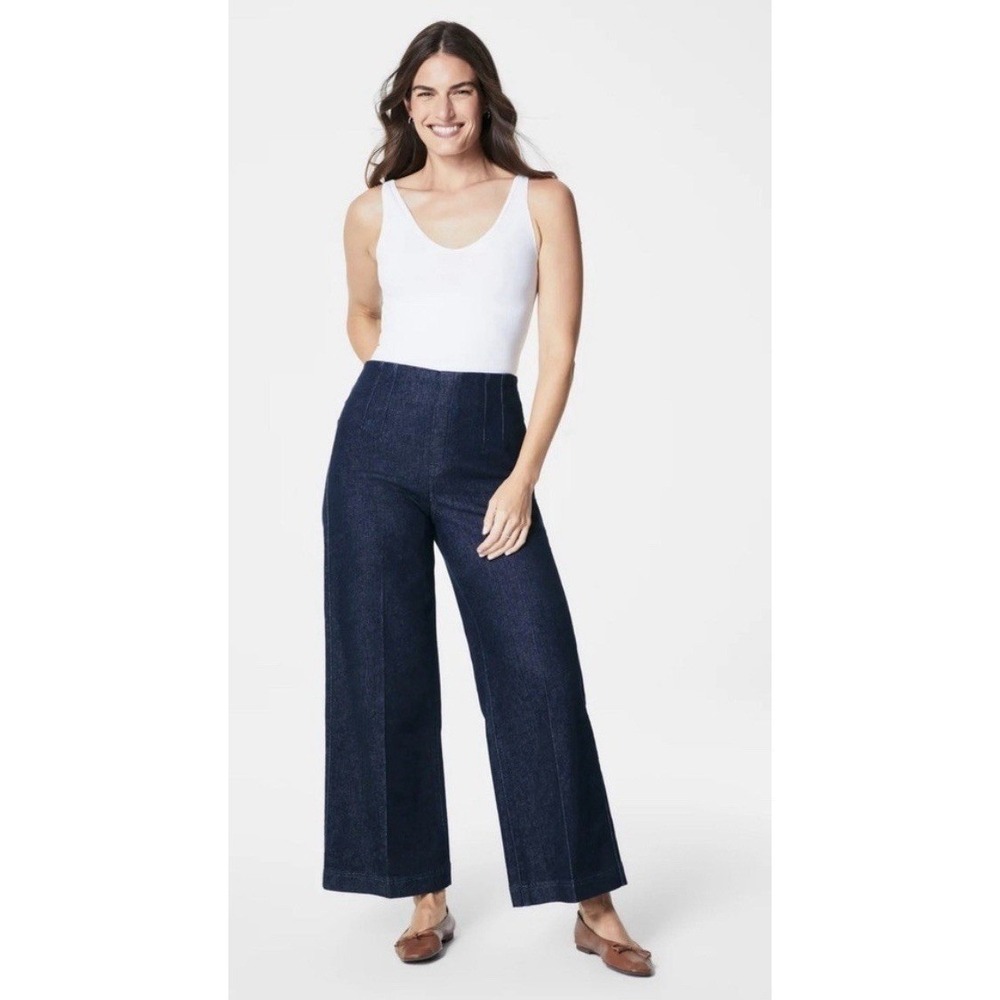 Spanx Jeans Women's 1X Tall Indigo Wash Zero Waistband Cropped Wide Leg NEW